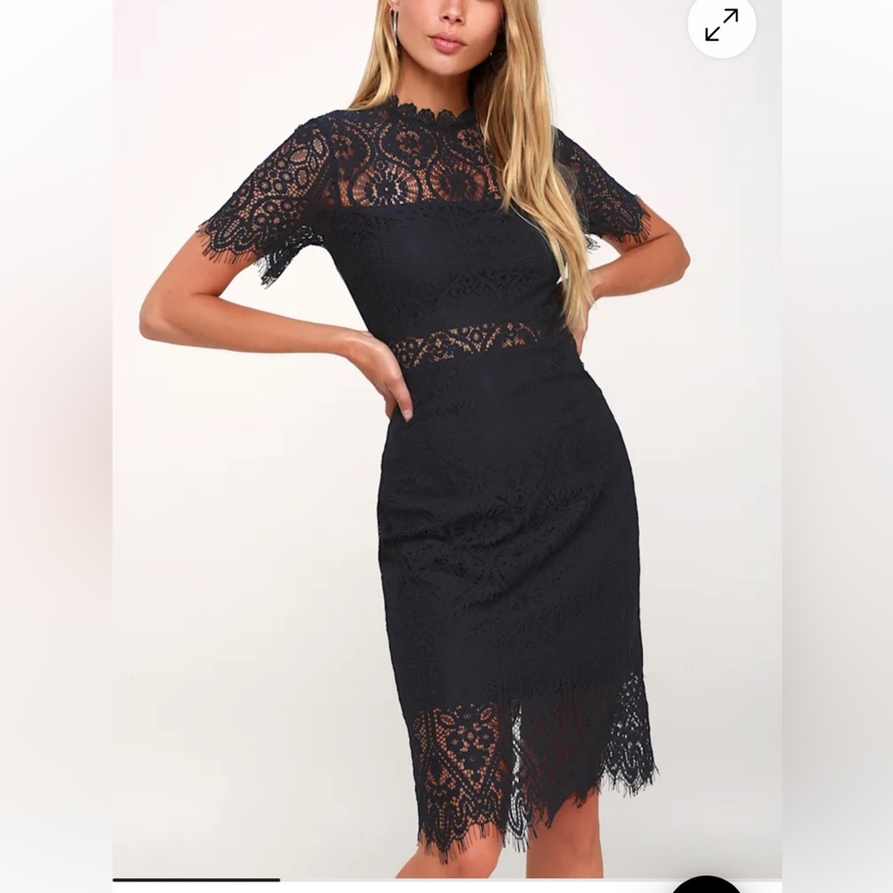 LULU’S Blue Lace Midi Dress with Mock Neck